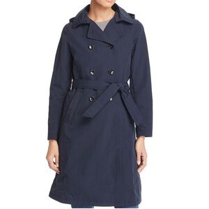 Jane Post Women XS Navy Blue Double Breasted Hooded Crinkled Trench Coat NWT